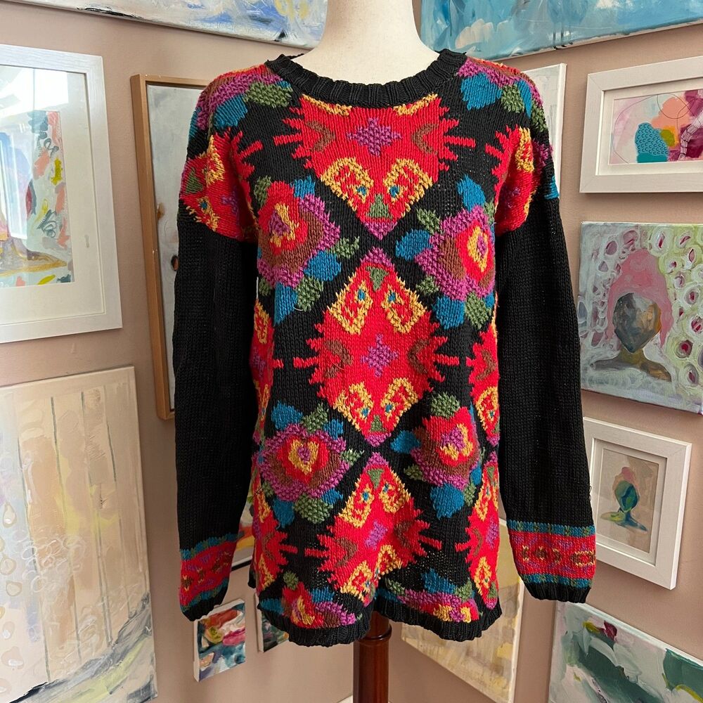 Vintage All Points Floral Tapestry Knit Artsy 90s Sweater Ramie Cotton Boho Sz S